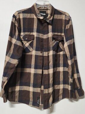 🍂 Classic RSQ Brown & Tan Plaid Flannel Button Front Shirt Jacket Size Medium